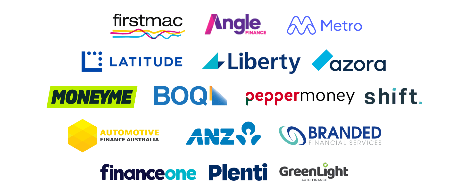 Lender logos: Firstmac, Angle Finance, Metro, Latitude, Liberty, Azora, MoneyMe, BOQ, Pepper Money, Shift, Automotive Finance Australia, ANZ, Branded Financial Services, Finance One, Plenti, GreenLight Auto Finance